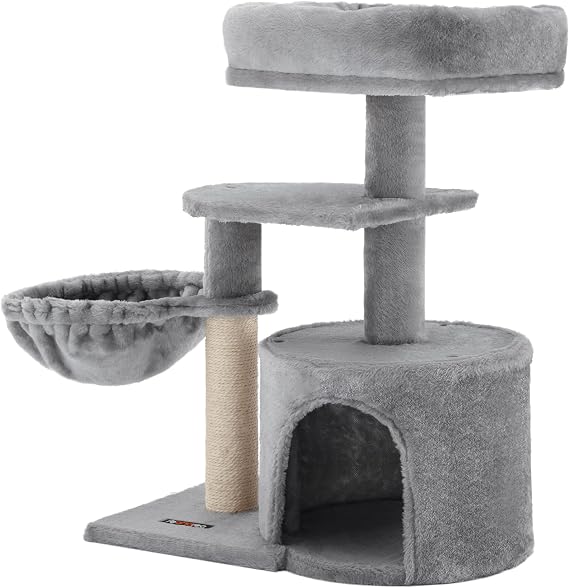 FEANDREA Small Cat Tree Scratching Pole Multilayer 68cm, Light Grey