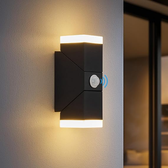Bojim Outdoor LED Wall Lights Mains Powered with Motion Sensor, Night Sensor Light, Black Porch Light, Up and Down Front Door Light, IP65 Waterproof for Garden, Garage, Patio, Modern, Aluminium [Energy Class F]