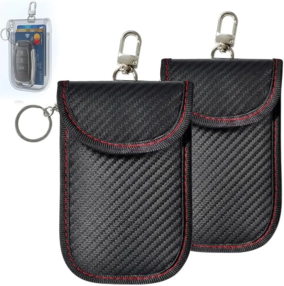 Faraday Pouch for Car Keys, 2 Pack Car Key Signal Blocker Pouch, RFID Signal Shielding Case for Keyless Entry Security, Anti-Theft Carbon Fiber Texture Key Fob Protector with Hook and Chain, 2 Pcs
