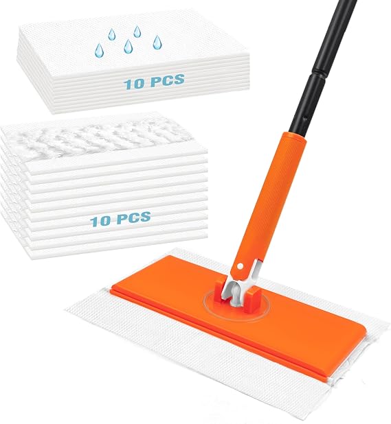 JEHONN Sweeper Mop Compatible with Flash Pads, 2-in-1 Starter Kit for Swiffer Multi Surface Cleaning, Disposable Floor Duster, 10 Dry Sweeping Cloths, 10 Wet Mopping Refills for Kitchen Wall Window