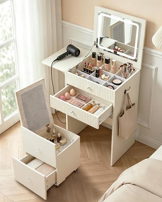 3 in 1 Slim Dressing Table with LED Lighting, 1 Stool
