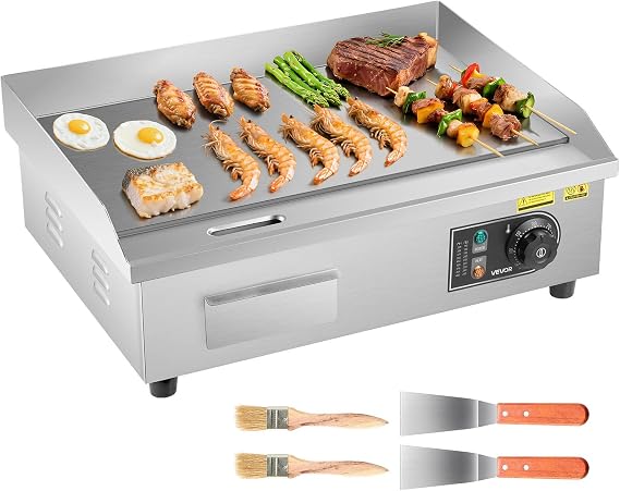 VEVOR Electric Griddle 3200 W 535 x 300 mm, Temperature Control 50 to 300 °C, Stainless Steel Countertop Grill with Flat Surface, 4 Foot Pads, for Meat and Pancakes