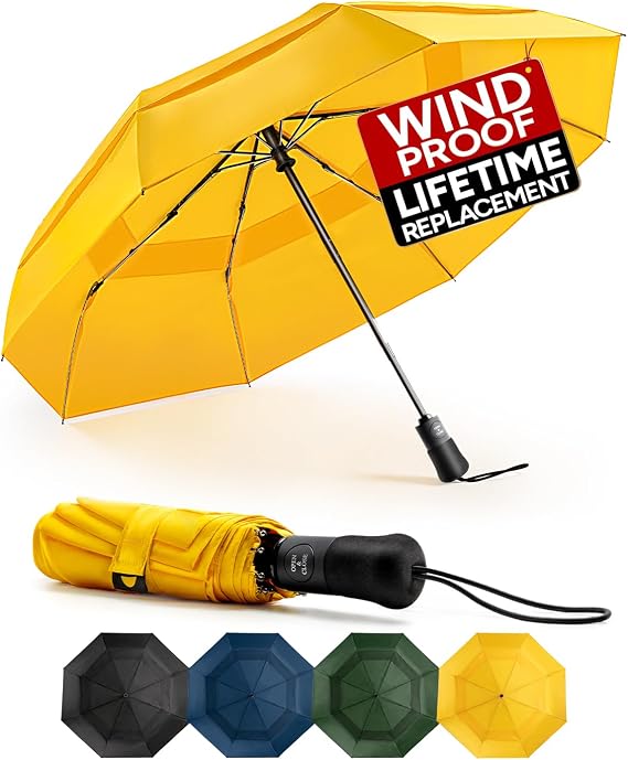 Windproof Umbrella – Windproof Folding Umbrella, Men's Automatic Portable Compact Travel Umbrella, 210T Fabric, Double Vented Canopy