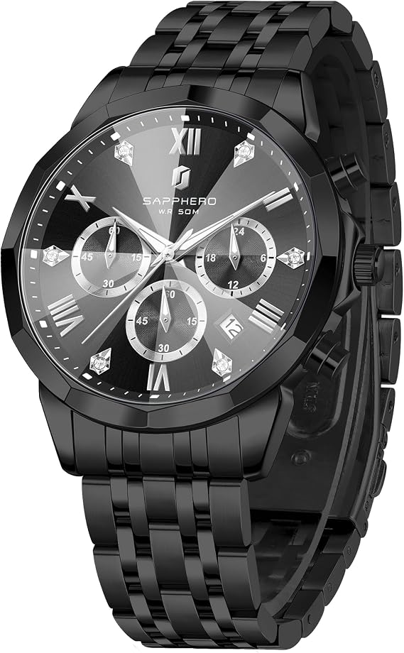 SAPPHERO Watches Men's Chronograph Analogue Quartz 50 m Waterproof Watch Men's Fashion Casual Business Men's Watches with Calendar Stainless Steel Strap Watch Gift for Men