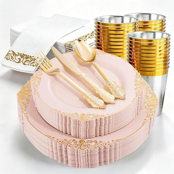 Reusable Plastic Dinnerware Set for 25 Guests – Washable & Dishwasher Safe – Includes Plates, Cutlery, Cups, Napkins – Pink Gold
