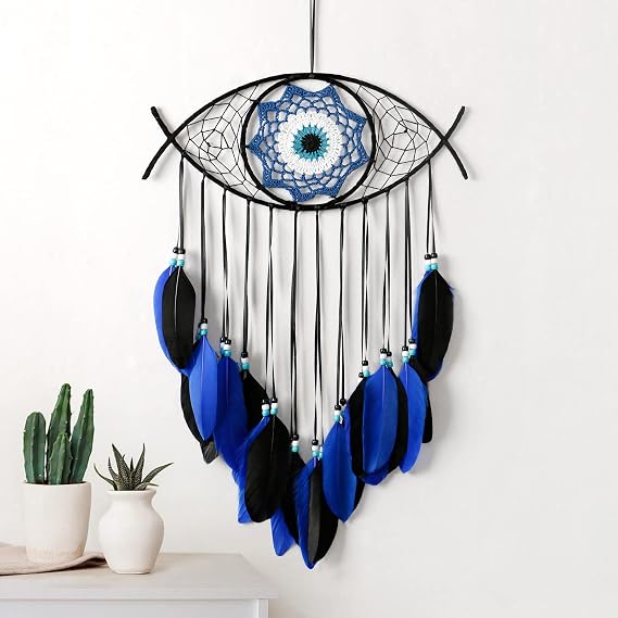 Dremisland Evil Eye Dream Catcher Hand-Woven Blue Macrame Dreamcatcher | Evil Eye Wall Hanging Home Decoration Ornament Kids Blessing Gift