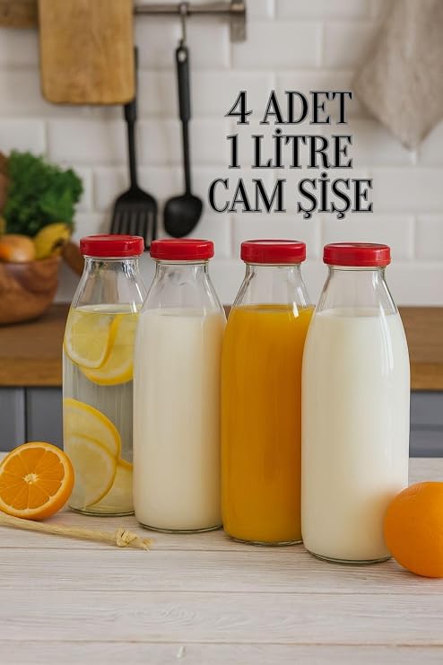 4 Adet 1 Litre Şeffaf Sürahi Süt, Ayran, Su, Limonata, Meşrubat Şişesi Plastik Kapaklı Cam Şişe