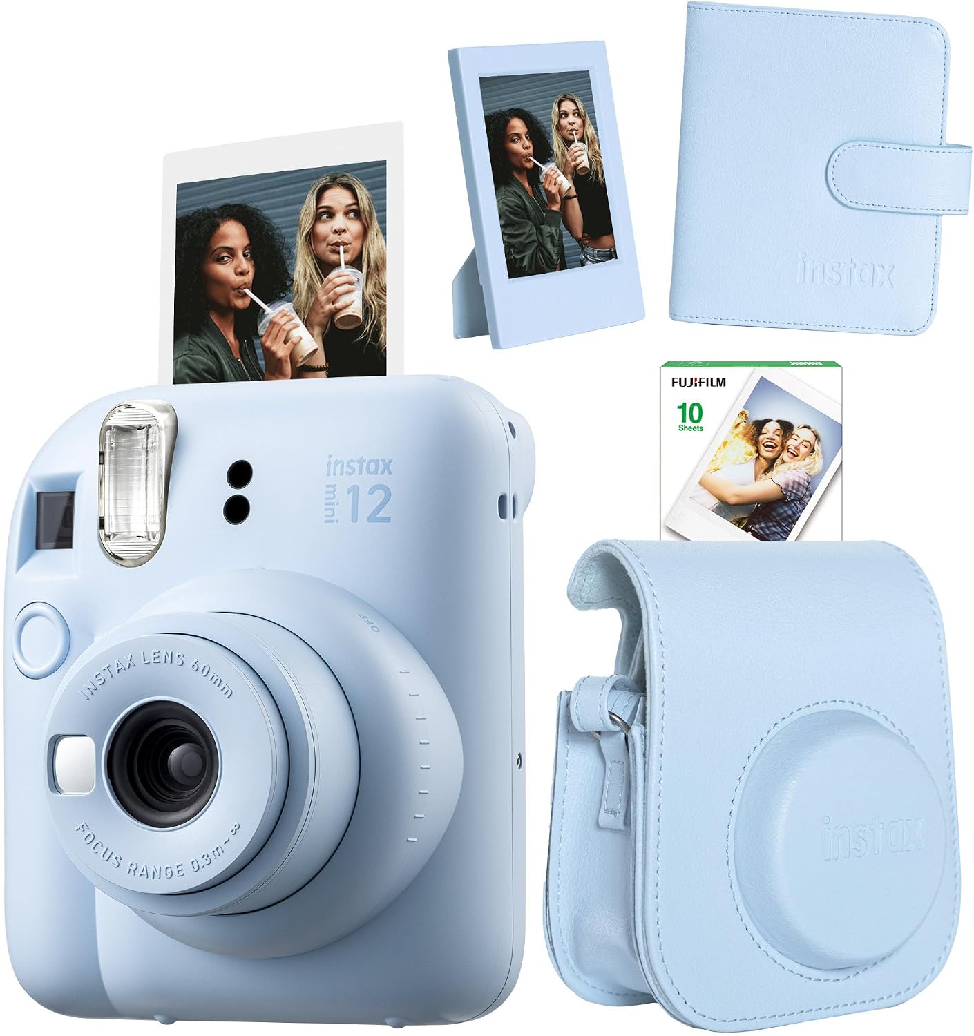 Instax mini 12 Mavi Fotoğraf Makinesi-10'lu Film-Çerçeve-Kare Albüm ve Deri Kılıf Seti