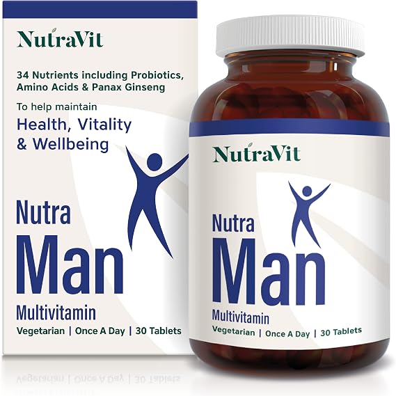 NUTRAMAN - Mens Multivitamin | Vitamins for Men - 30 Tablets - 34 Vitamins & Minerals - Daily Vitamins for Energy & Health - with Probiotics, Panax Ginseng, Amino Acids & Methyl B12 - NutraVit