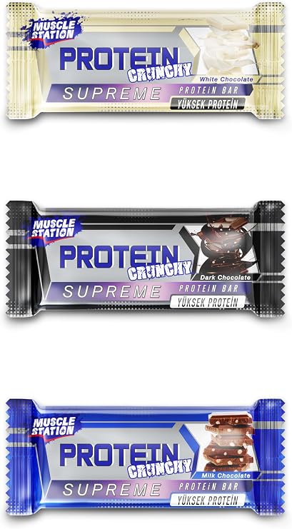Musclestation Supreme Crunch Protein Bar Karma paket (12 x 40 gr, Sütlü Çikolata, Bitter Çikolata, Beyaz Çikolata)