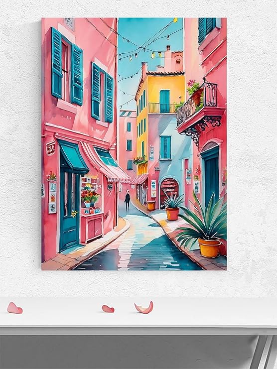 Postermanya Pink Lane, Pembe Sokak Suluboya Sanat Sanatsal Poster - Afiş - Dekorasyon