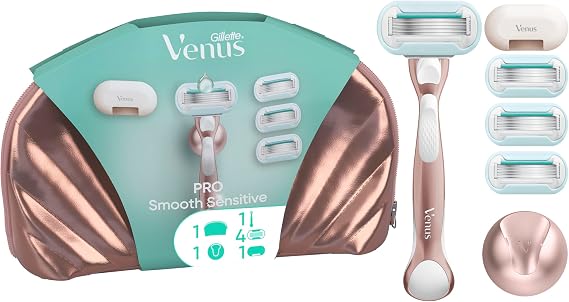 Gillette Venus Pro Smooth Sensitive Women’s Razor for Sensitive Skin, 4 Refill Razor Cartridges, Reusable Metal Handle, Shower Holder, Travel Bag