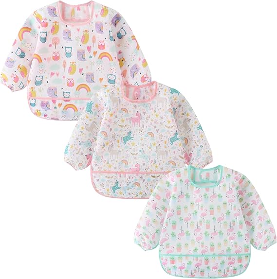 Long Sleeve Bibs 3 Pack Waterproof Sleeved Bib Baby Toddler Soft Bib for 6-30 Months