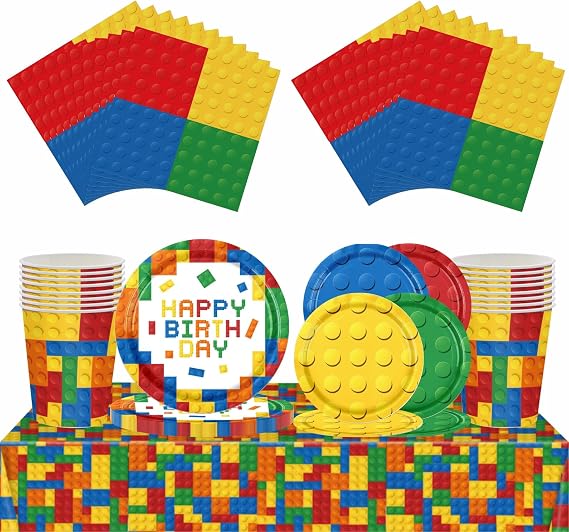 69Pcs Building Blocks Party Tableware for Boys Birthday , 7inch 9inch Paper Plates and Napkins Cups Cartoon Table Cloth Sets for Colorful Blocks Bricks Theme Table Party Favors