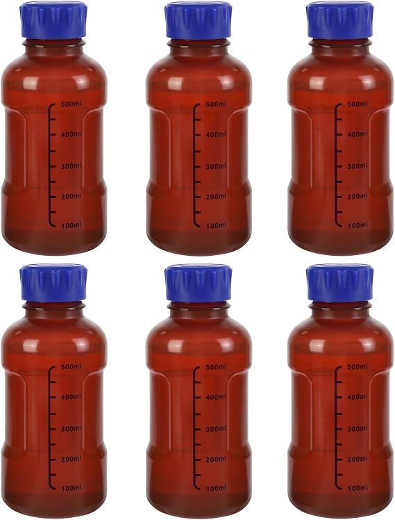 ペースタイン 500ml ブラウン PP メディアストレージボトル 6個パック GL45 目盛り付き正方形試薬ボトル ブルースクリューキャップ付き オートクレーブ可能 漏れ防止 ラボ容器 感光性試薬 培養培地用