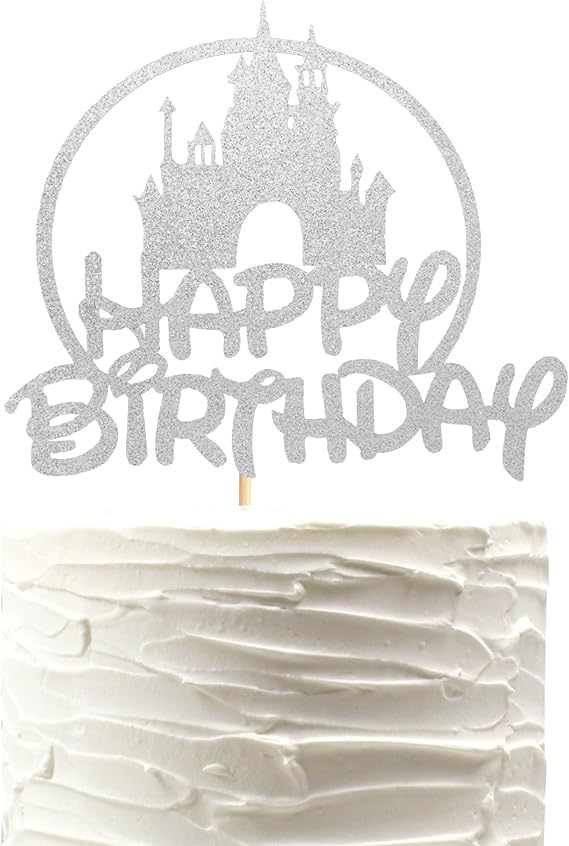 Castle Birthday Cake Topper Castle Theme Birthday Party Decoration Princess Prince Happy Birthday Cake Decoration - Silver Glitter