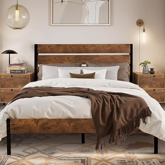 VECELO 4ft6 Double Bed Frame with Rustic Vintage Wood Headboard, Mattress Foundation, Strong Metal Slats Support, No Box Spring Needed