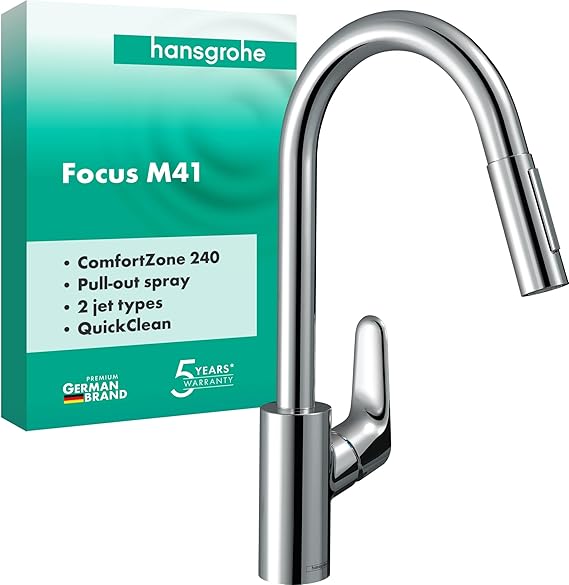 hansgrohe Focus M41 – Kitchen Tap with Pull-Out Shower, 2 Spray Types, Single Lever Kitchen Mixer Tap 240 mm, Kitchen Sink Tap with Swivel Spout, Chrome, 31815000