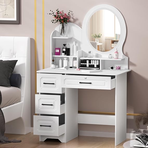 Dressing Table with LED Lights, Vanity Table with Adjustable Brightness Mirror, Makeup Desk with 4 Drawers and Open shelves, Wooden Modern Bedroom Dresser, Makeup Table with Mirror for Bedroom (White)