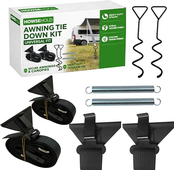 Awning Storm Straps, Awning Tie Down Kit for Caravan Awnings, Storm Straps for Awnings with Spiral Ground Pegs, Shock Absorbing Springs, Adjustable Buckles, Caravan Accessories for Camper & Motorhome