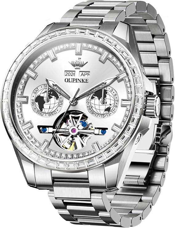 OUPINKE Watch for Men Automatic Wristwatch Diamond Sapphire Crystal Skeleton Luminous 3D Dial with 5ATM Waterproof Luxury Stainless Steel Strap