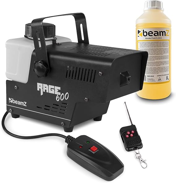 beamz RAGE600 Smoke Machine Kit with Wireless Remote Control & 1L Fluid – 600W Fog Maker, DJ Disco Mist Effect, Thermostatic Heater & Fast Warm-Up for Halloween Parties, Events & Stage Shows