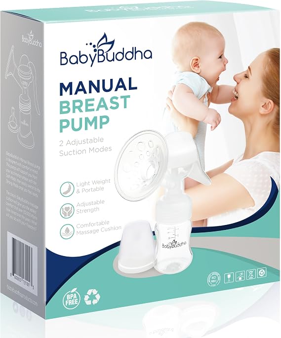 BabyBuddha Manual Breast Pump - Single Handed Nursing Pump - Cordless; No Electricity or Batteries Required - with Soft Massage Cushion for Comfort - Quiet, Lightweight, Dishwasher Safe - BPA Free
