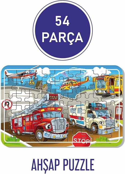 Baskı Atölyesi 54 Parça Ahşap Puzzle Sevimli Itfaiye, Uçak, Ambulans, Helikopter Ve Otobüs