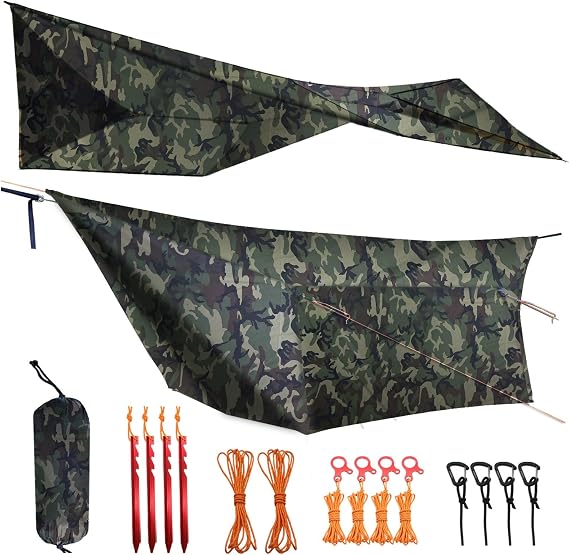 Onewind 12ft Lightweight Waterproof Camo Camping Tarp - Stealth Hammock Rainfly Shelter for Military Army & Bushcraft Easy Setup with Tent Pegs & Guyline