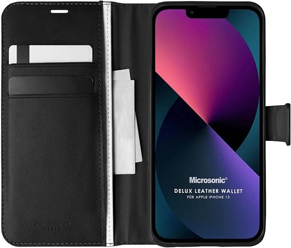 Microsonic Apple iPhone 13 için Kılıf Delux Leather Wallet Siyah [iPhone 13 ile Uyumlu Kılıf - Siyah]