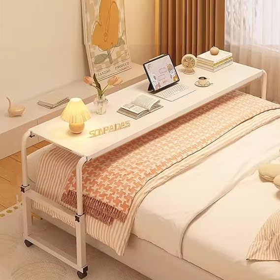 Overbed Table with Wheels - Adjustable Laptop Desk for Home Office (White, 140cm)