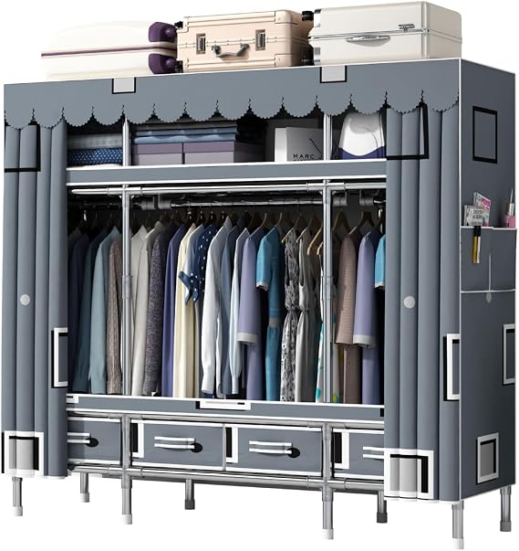 Portable Wardrobe Closet Clothing Rack with Cover Clothing Storage Wardrobe Portable Closets with 3 Hanging Rods and 6 Storage Shelves Wardrobe Closet Organizer with Side Pockets and Drawers