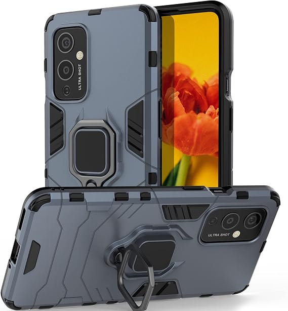 Jusyケース Oneplus 9ケース 回転リングキックスタンド付き 9プロにはフィットしません カー磁気ブラケット 2層保護カバー Oneplus 9 5g ネイビー