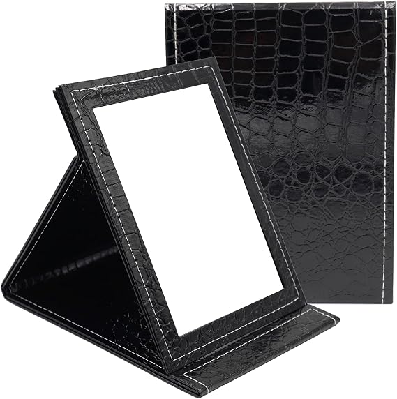 PU Leather Travel Folding Mirror with Stand, Black 21x15cm