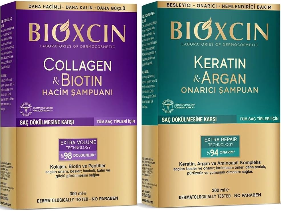Bioxcin Collagen & Biotin Hacim Şampuanı 300ml + Keratin & Argan Onarıcı Şampuan 300ml Seti