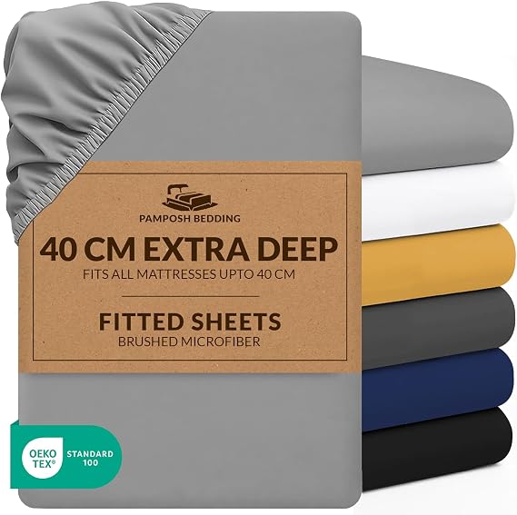 Pamposh King Size Fitted Sheets Extra Deep Pocket 40 cm (16 inches) Durable Elastic Bed Sheets - Premium Brushed Microfibre Fitted Sheets King Size - Ultrasoft Hypoallergenic Fade Resistant