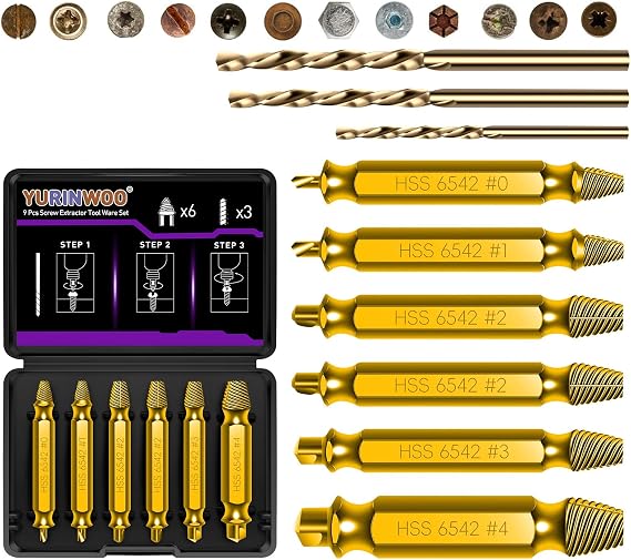 9PCS Gold Titanium-Plated Screw Extractor Set, Hardness is 80 HRC, Model HSS 6542, Screw Grab Screw Removal Tool, Longer Lasting, General bit Set Double Ended for Damaged Broken Stripped Screws