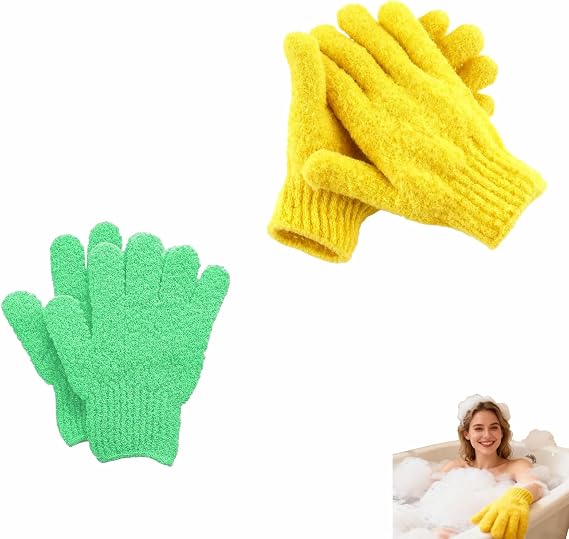 4-Pack SpaGlow Exfoliating Bath Gloves - Body & Face Scrub for Smooth Skin, Prevent Acne, Unclog Pores. Deep Cleansing and Massage Spa Gift Set for Women/Men, Yellow and green