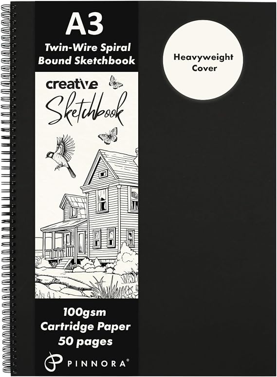 PINNORA Creative A3 Sketchbook (100GSM) - Black Hardcover Sketch Book with Thick Cartridge Paper | Twin-Wire Spiral Bound Sketch Pad, A3 Drawing Pad for Sketching - Art Book for All Ages (50 Pages)