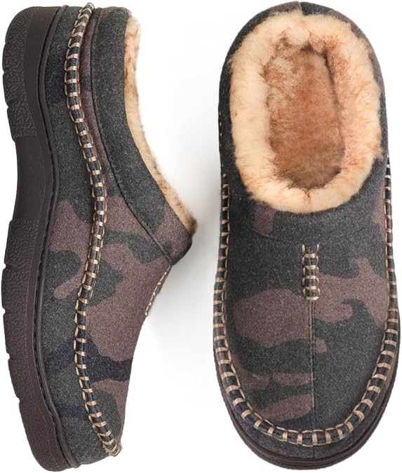 Zigzagger Men's Slip On Moccasin Slippers, Indoor/Outdoor Warm Fuzzy Comfy House Shoes, Fluffy Wide Loafer Slippers, Camouflage Camel, 11-12