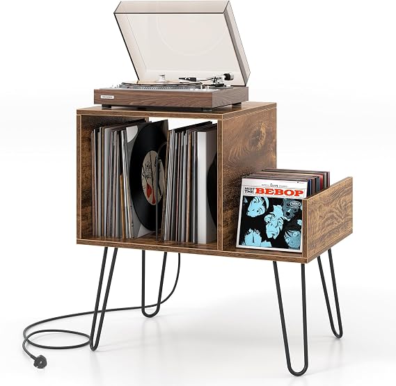 COSTWAY Record Player Stand with Charging Station, Turntable Stand End Side Table with Dividers and Shelf for 145 Albums, Metal Legs Vinyl Record Storage Cabinet Holder for Living Room (Rustic Brown)