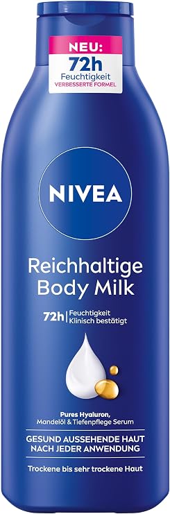 NIVEA Rich Body Milk, Intensely Nourishing Body Cream with Pure Hyaluronic Acid, Almond Oil and Deep Care Serum, Dry Skin Lotion (250ml)