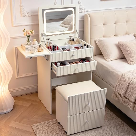 3 in 1 Dressing Table with Lighting, Small Dressing Table with Folding Mirror, 3 Drawers, Padded Stool with Storage Space, Dressing Table for Bedroom, Apartment, White