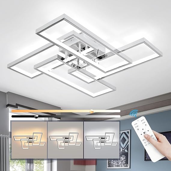 Modern Ceiling Light LED, 66cm Silver Dimmable Ceiling Lights Fixtures LED with Remote Control, 4-Square Chrome Living Room Lamp for Dining Room Bedroom Office Kitchen Living Room Light - 56W [Energy Class E]
