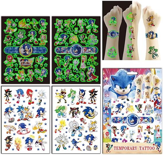 (Gift Package)60pcs 4 sheets Sonic the Hedgehog Temporary Tattoos for Fans Party Supplies, 2 Sheet Glow-in-the-dark Tattoo included. …
