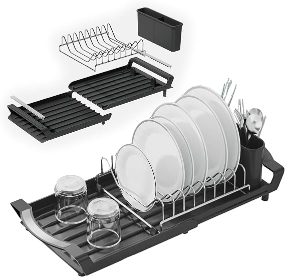 Small Dish Drainer, Expandable Dish Drainer Rack, Dish Rack With Removable Cutlery Holder, Anti Rust Small Sink Drainer, Expandable Draining Board