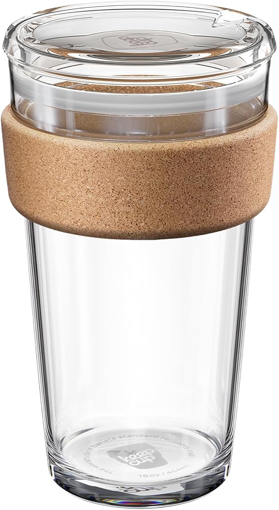 KeepCup Brew Cork Quicksip - 16oz/454ml Tempered Glass Reusable Coffee Cup/Travel Mug, Natural Cork Band with Clear Spill Proof Lid