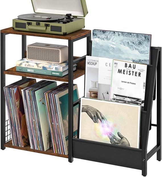 LELELINKY Record Player Stand with Vinyl Storage, 3 Tier Turntable Stand with Display Shelf Storage Up to 150 Albums,Brown End Table for Living Room