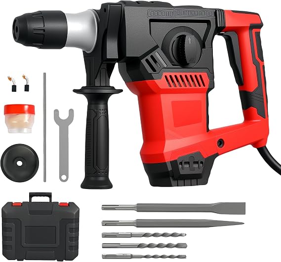 Traderight 1500W SDS Plus Rotary Hammer, 8J Impact Energy with 4500BPM, 4-Mode Professional Demolition Drill for Concrete, Masonry, Metal, Anti-Vibration & Safety Clutch, Includes Chisels and Case