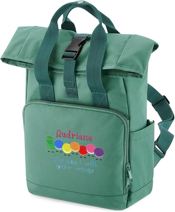 Purple Print House Personalised Rainbow Caterpillar Embroidered Mini Roll Top Backpack Kids Back to Nursery School Bag Boys Girls
